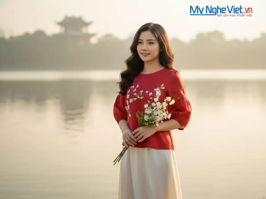 Áo lụa may sẵn tay lỡ sóng mây đỏ đô thêu hoa