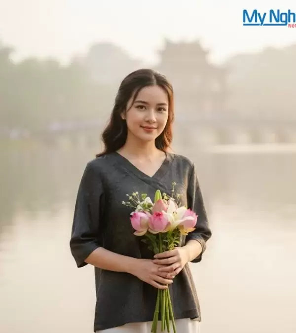 Áo lụa tim nẹp cúc đen may sẵn tay lỡ