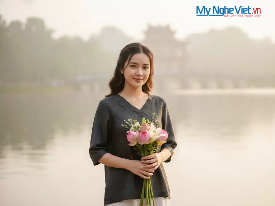 Áo lụa tim nẹp cúc đen may sẵn tay lỡ