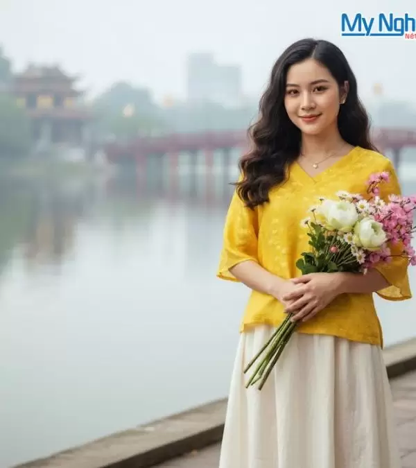 Áo lụa tim nẹp sen vàng may sẵn tay lỡ