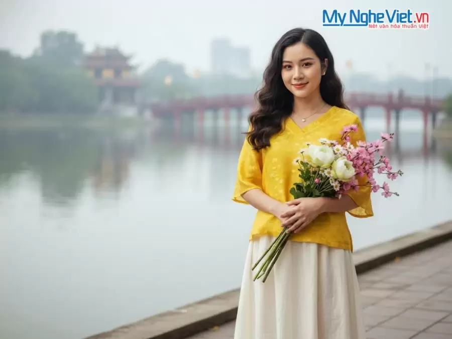 Áo lụa tim nẹp sen vàng may sẵn tay lỡ