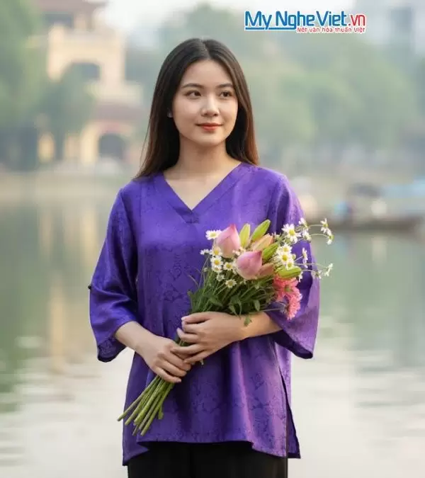Áo lụa tim nẹp song hỷ tím may sẵn tay lỡ