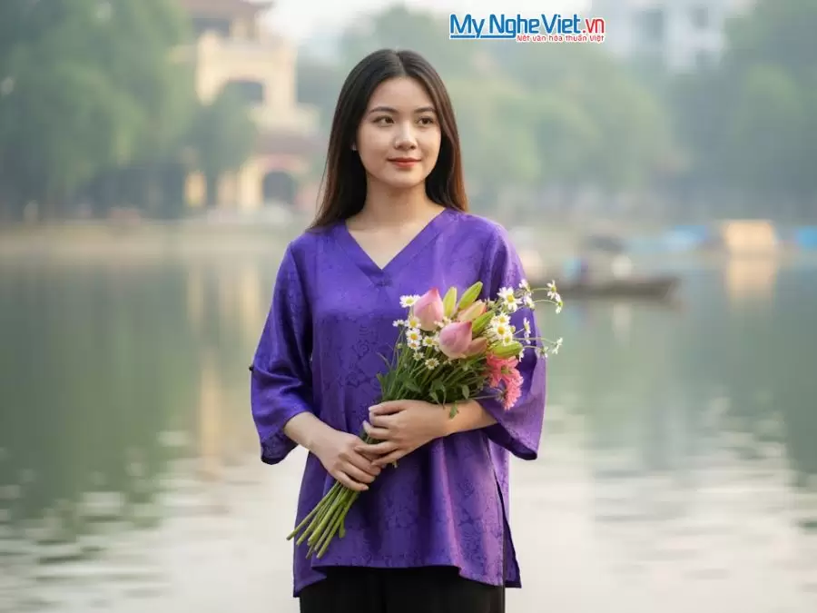 Áo lụa tim nẹp song hỷ tím may sẵn tay lỡ