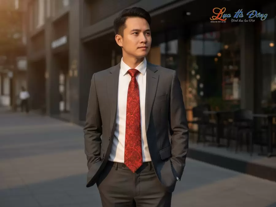 Cà vạt lụa tơ tằm họa tiết đuôi công cam