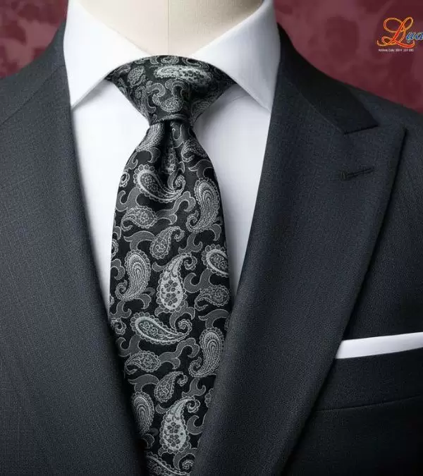 Cà vạt lụa tơ tằm họa tiết đuôi công đen