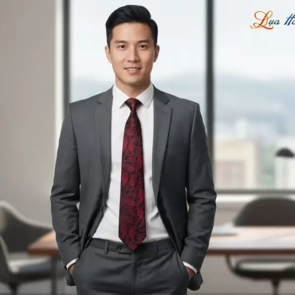 Cà vạt lụa tơ tằm họa tiết đuôi công đỏ