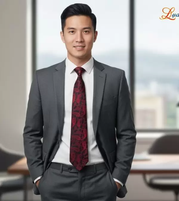 Cà vạt lụa tơ tằm họa tiết đuôi công đỏ