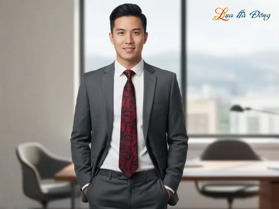 Cà vạt lụa tơ tằm họa tiết đuôi công đỏ