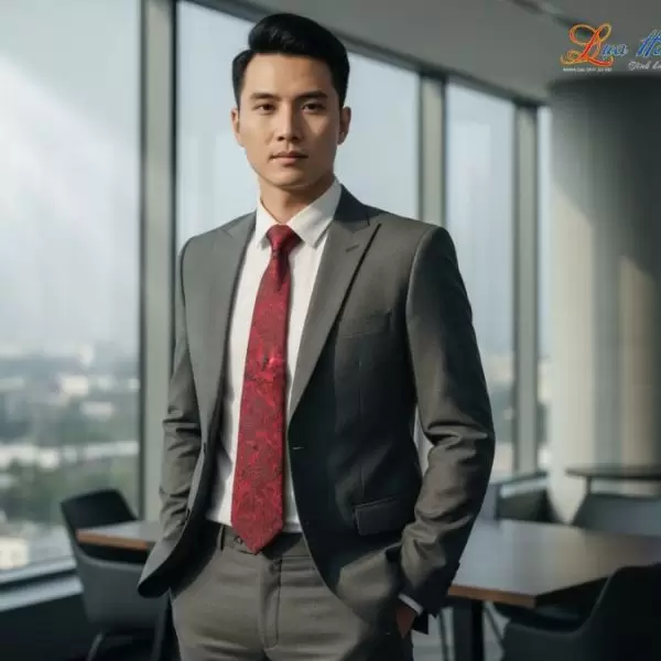 Cà vạt lụa tơ tằm họa tiết đuôi công nền đỏ