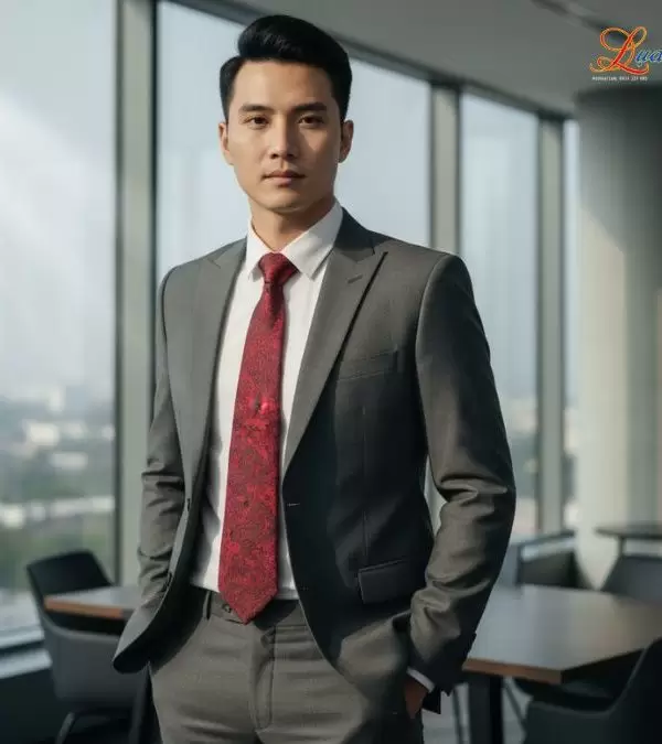 Cà vạt lụa tơ tằm họa tiết đuôi công nền đỏ