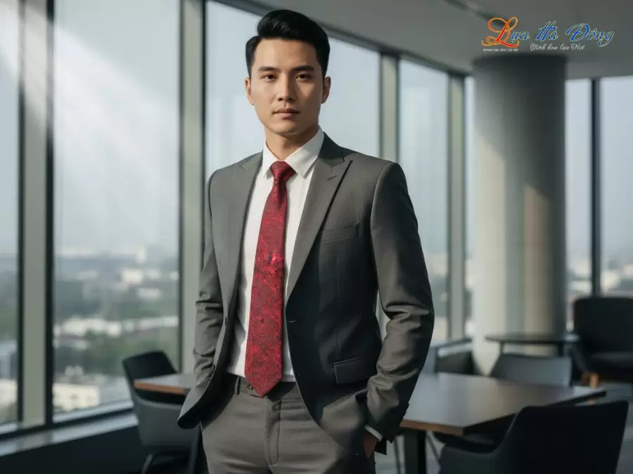 Cà vạt lụa tơ tằm họa tiết đuôi công nền đỏ