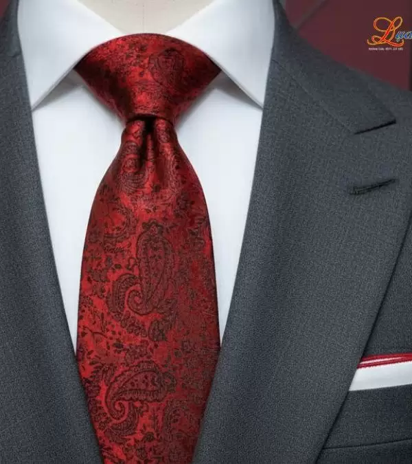 Cà vạt lụa tơ tằm họa tiết đuôi công nền đỏ