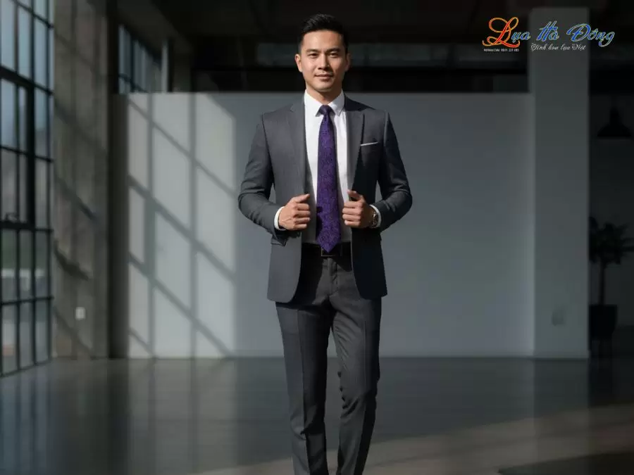 Cà vạt lụa tơ tằm họa tiết đuôi công tím đen