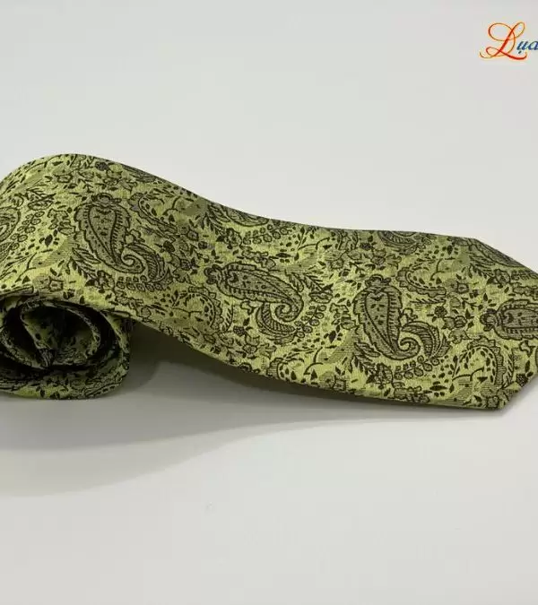 Cà vạt lụa tơ tằm họa tiết đuôi công vàng