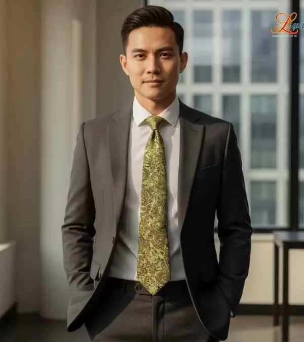 Cà vạt lụa tơ tằm họa tiết đuôi công vàng