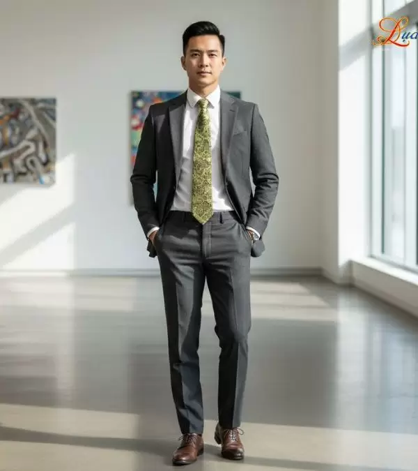 Cà vạt lụa tơ tằm họa tiết đuôi công vàng