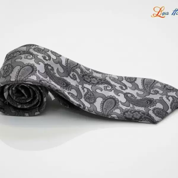 Cà vạt lụa tơ tằm họa tiết đuôi công xám