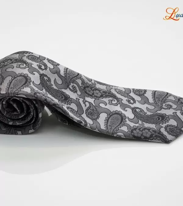 Cà vạt lụa tơ tằm họa tiết đuôi công xám