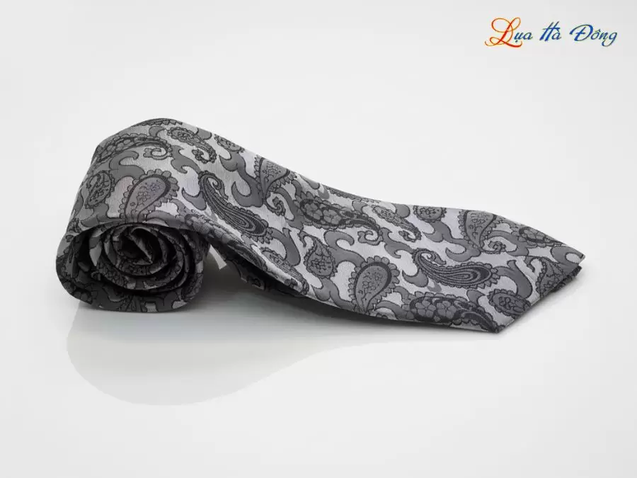 Cà vạt lụa tơ tằm họa tiết đuôi công xám