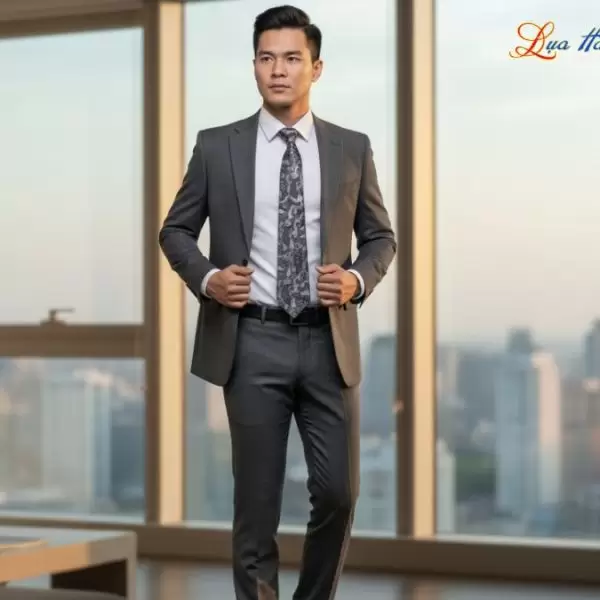 Cà vạt lụa tơ tằm họa tiết đuôi công xám