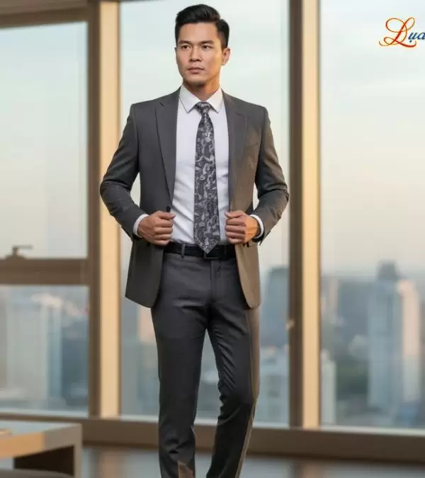 Cà vạt lụa tơ tằm họa tiết đuôi công xám