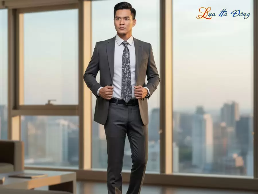 Cà vạt lụa tơ tằm họa tiết đuôi công xám