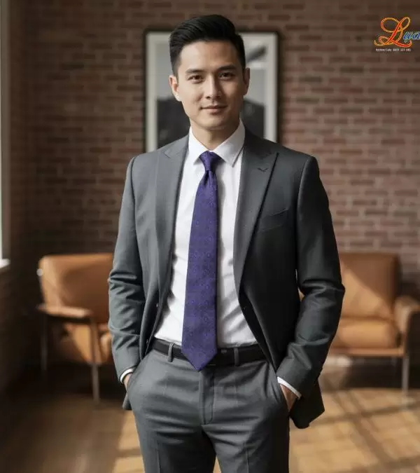 Cà vạt lụa tơ tằm họa tiết hoa bốn cánh tím xanh