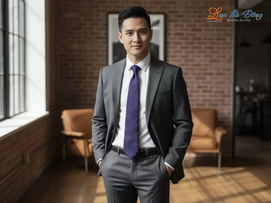 Cà vạt lụa tơ tằm họa tiết hoa bốn cánh tím xanh