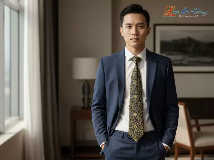 Cà vạt lụa tơ tằm họa tiết hoa cúc vàng