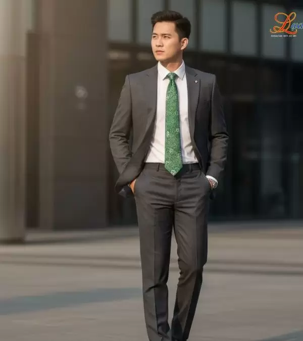 Cà vạt lụa tơ tằm họa tiết hoa mai xanh lá