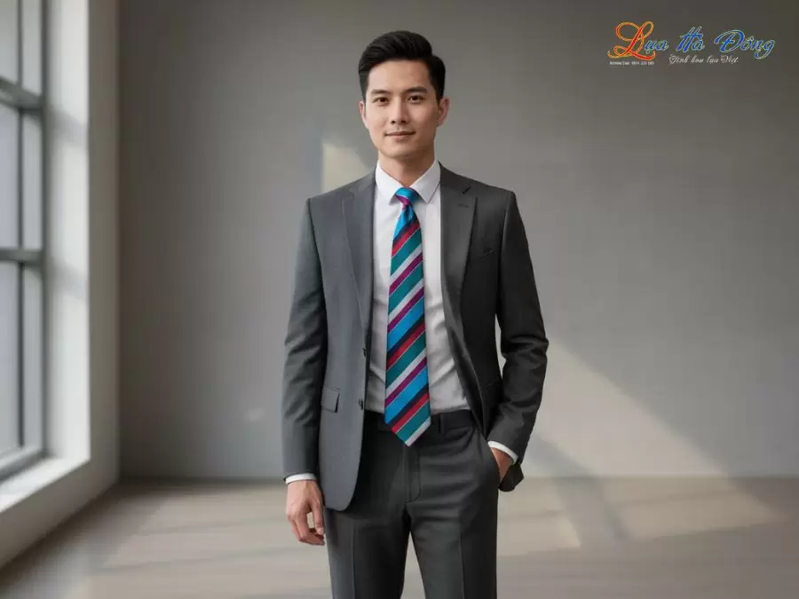 Cà vạt lụa tơ tằm họa tiết kẻ sọc nhiều màu