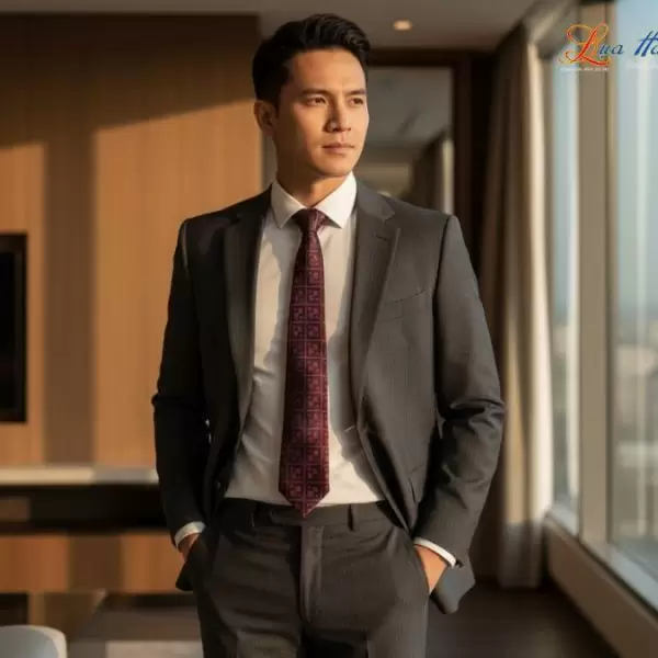 Cà vạt lụa tơ tằm họa tiết ô vuông đỏ