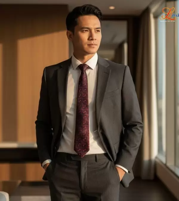 Cà vạt lụa tơ tằm họa tiết ô vuông đỏ