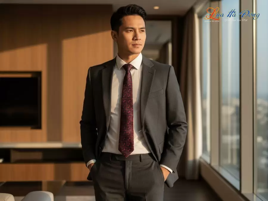 Cà vạt lụa tơ tằm họa tiết ô vuông đỏ