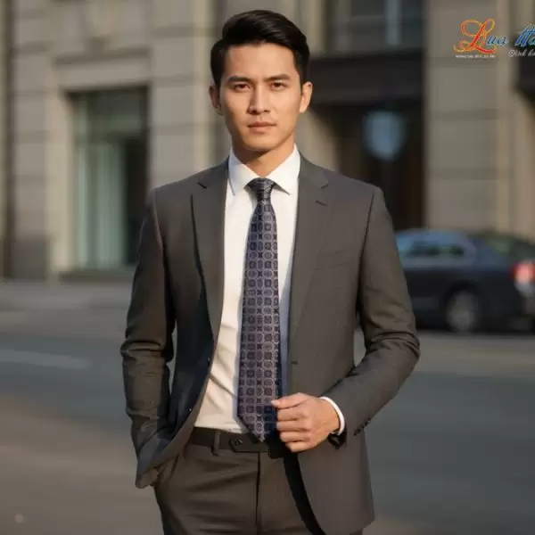 Cà vạt lụa tơ tằm họa tiết ô vuông xám