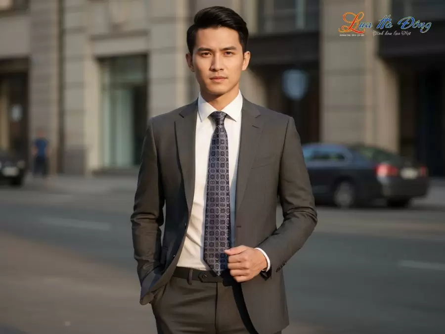 Cà vạt lụa tơ tằm họa tiết ô vuông xám