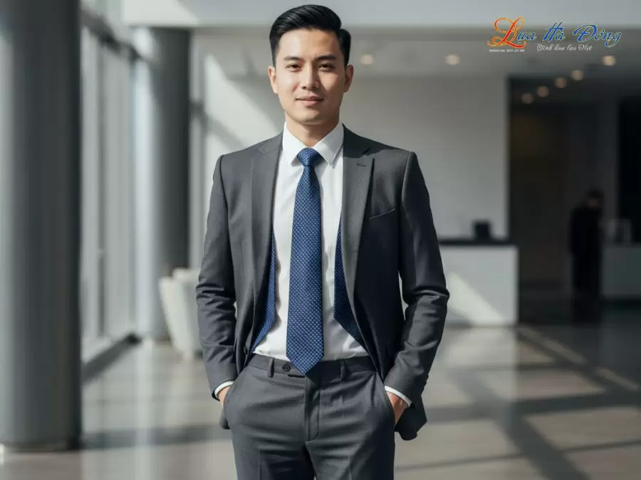 Cà vạt lụa tơ tằm họa tiết ô vuông xanh đậm