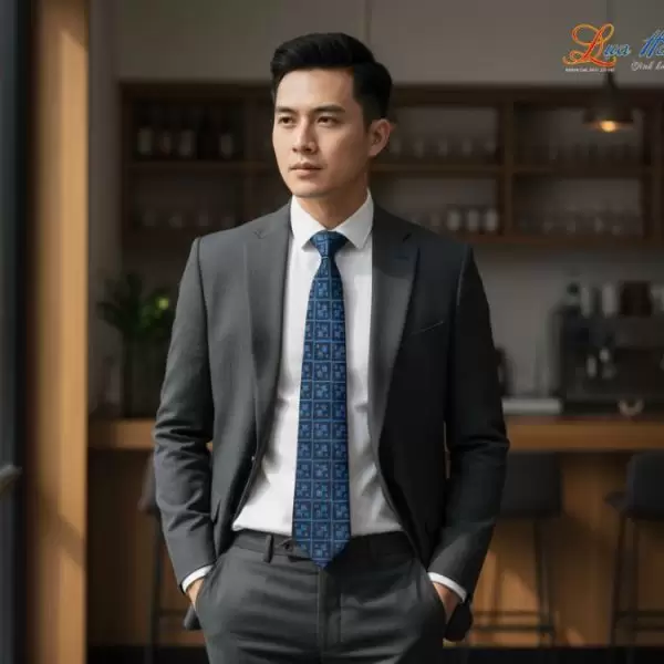 Cà vạt lụa tơ tằm họa tiết ô vuông xanh dương