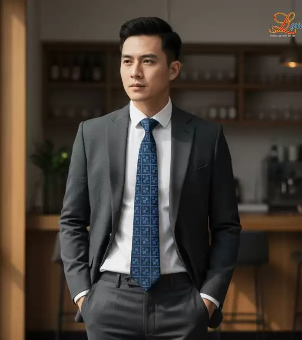 Cà vạt lụa tơ tằm họa tiết ô vuông xanh dương