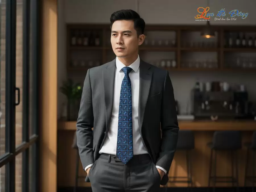 Cà vạt lụa tơ tằm họa tiết ô vuông xanh dương