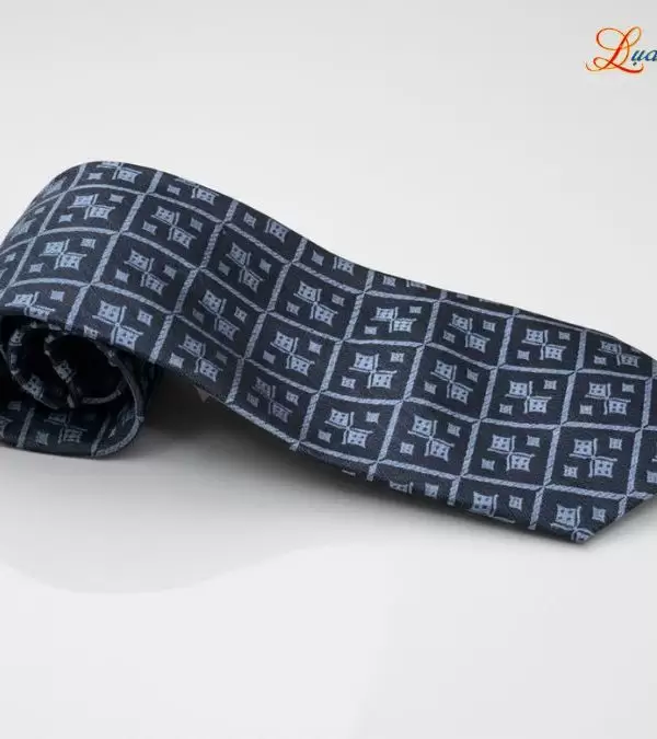 Cà vạt lụa tơ tằm họa tiết ô vuông xanh xám