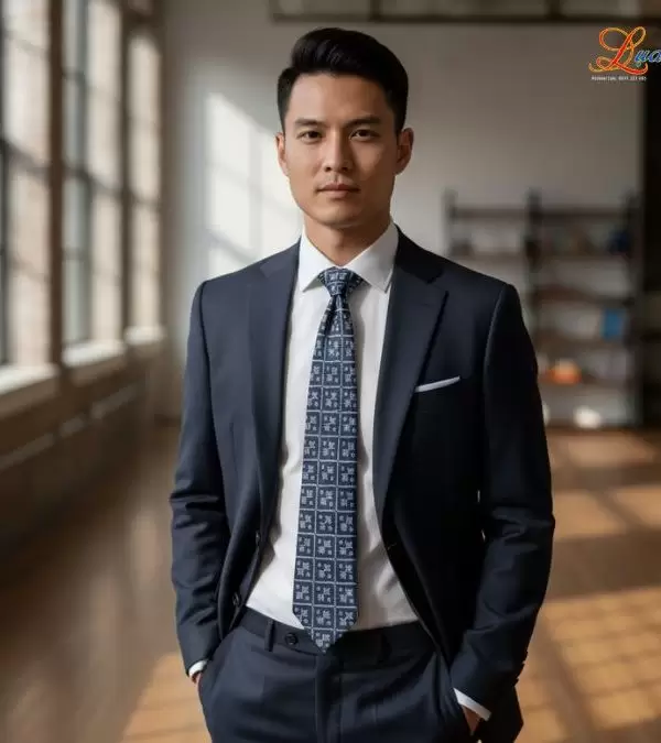 Cà vạt lụa tơ tằm họa tiết ô vuông xanh xám