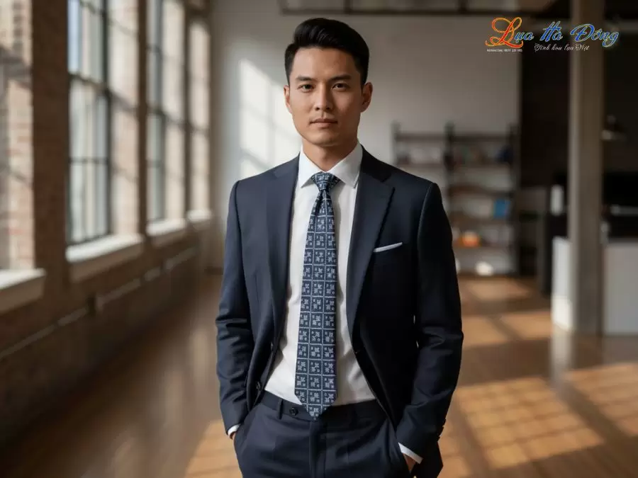 Cà vạt lụa tơ tằm họa tiết ô vuông xanh xám