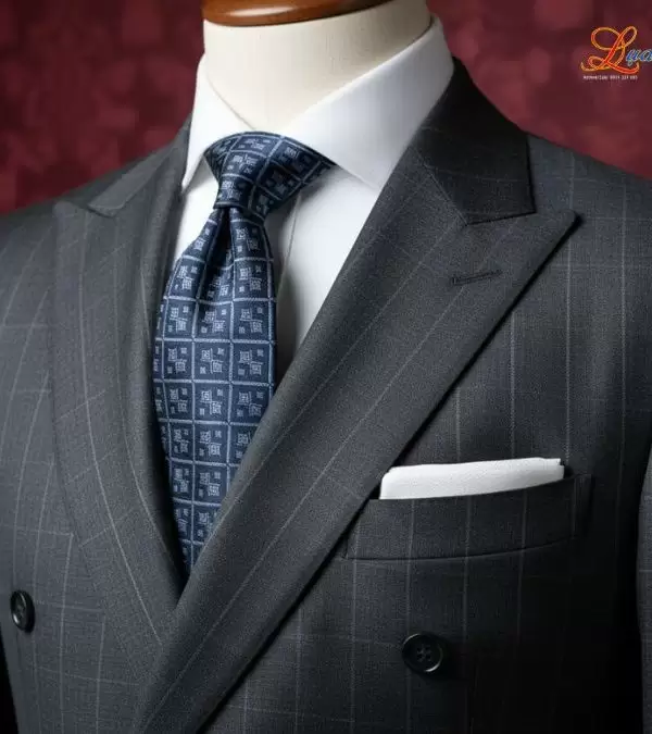 Cà vạt lụa tơ tằm họa tiết ô vuông xanh xám