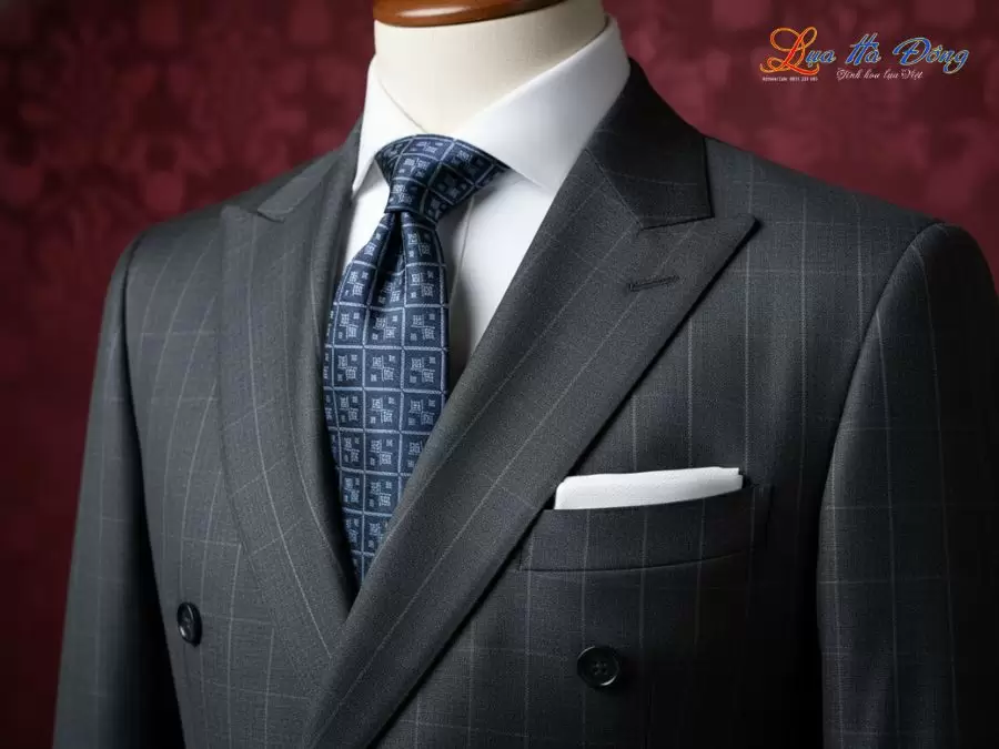 Cà vạt lụa tơ tằm họa tiết ô vuông xanh xám