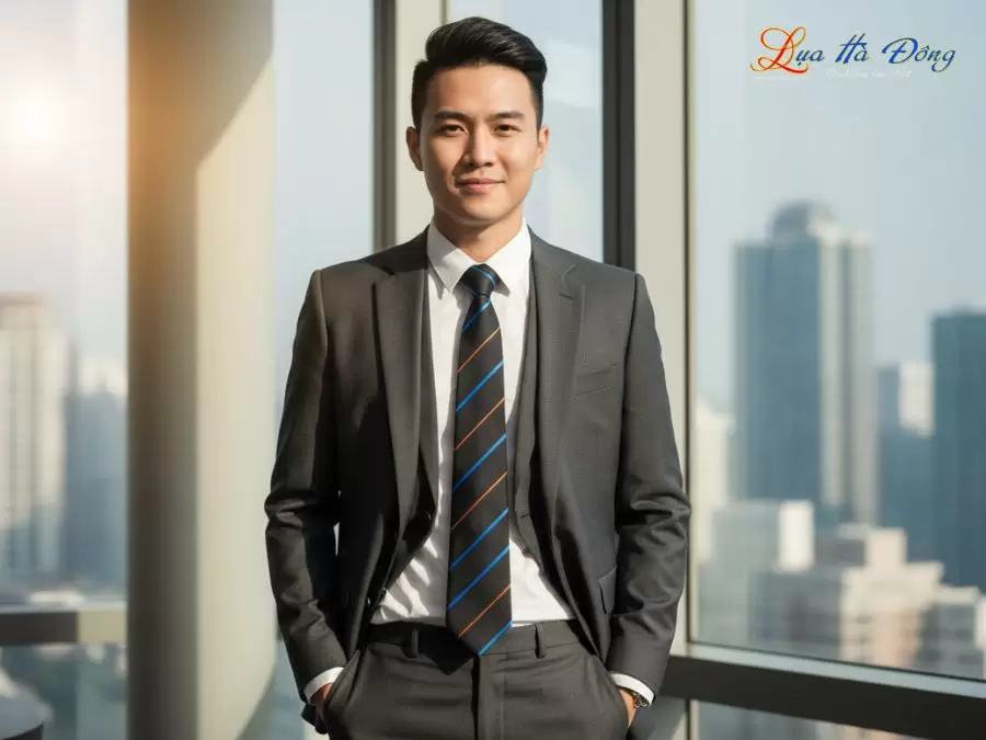 Cà vạt lụa tơ tằm họa tiết sọc xanh cam