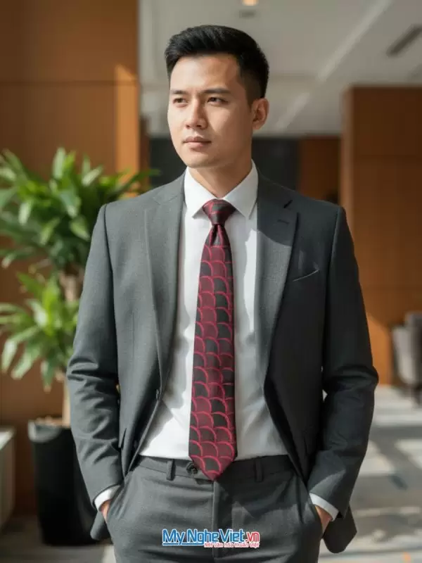 Cà vạt lụa tơ tằm họa tiết sóng đỏ đen