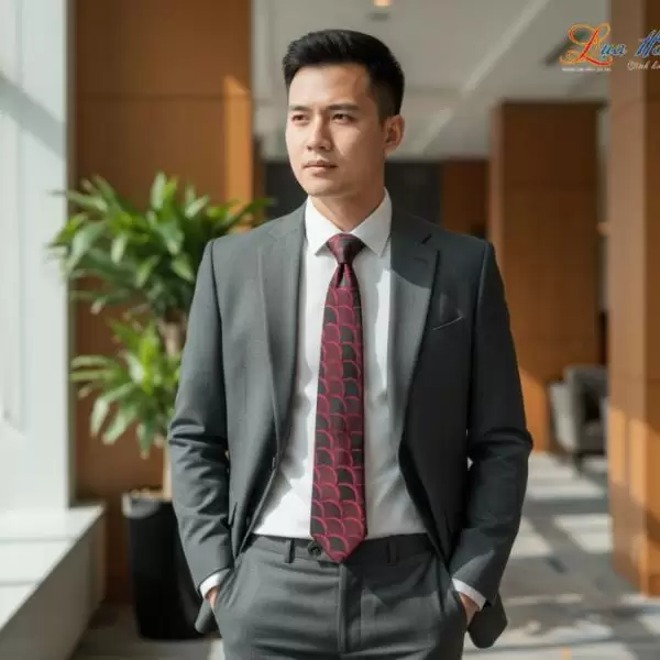 Cà vạt lụa tơ tằm họa tiết sóng đỏ đen