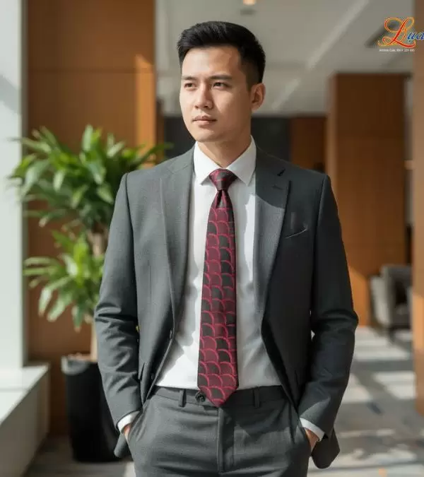 Cà vạt lụa tơ tằm họa tiết sóng đỏ đen