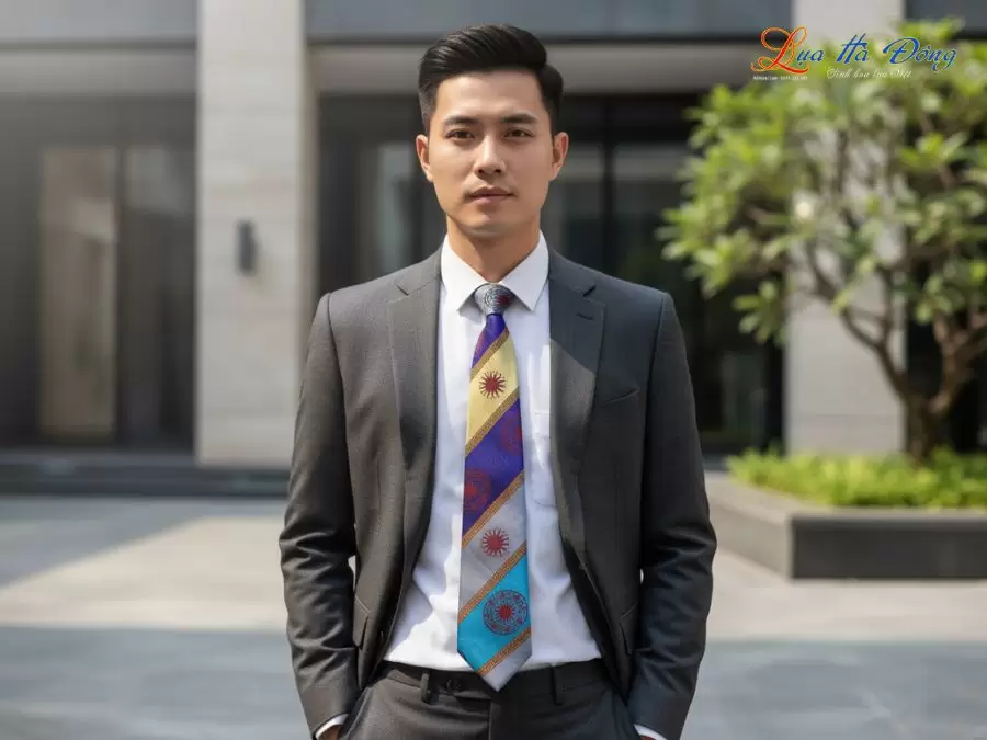 Cà vạt lụa tơ tằm họa tiết trống đồng